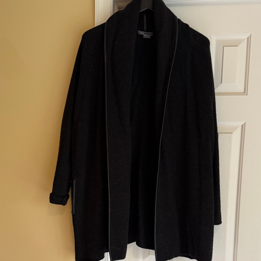 Vince black wool shawl collar cardigan coat size M with genuine leather trim